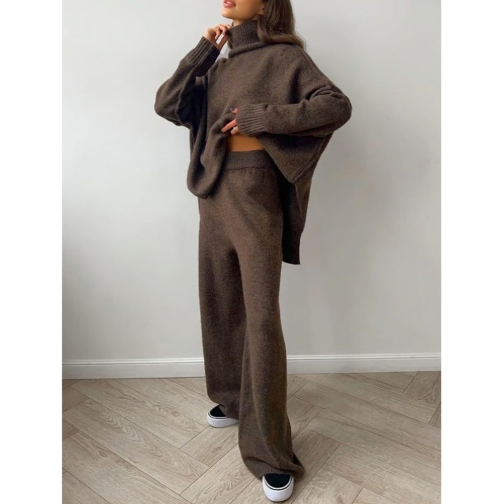 cOMMENSE Oversized Knit Two Piece Set Turtleneck Wide Leg Pants Brown Loungewear - Picture 3 of 12